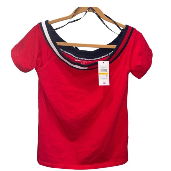 NWT Tommy Hilfiger Sport Logo Flag Red Off-The-Shoulder T-Shirt Size Medium - Picture 2 of 6